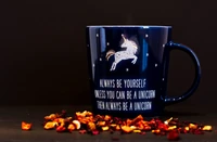 tasse à café, bleu, licorne, arrière plan sombre, always be yourself