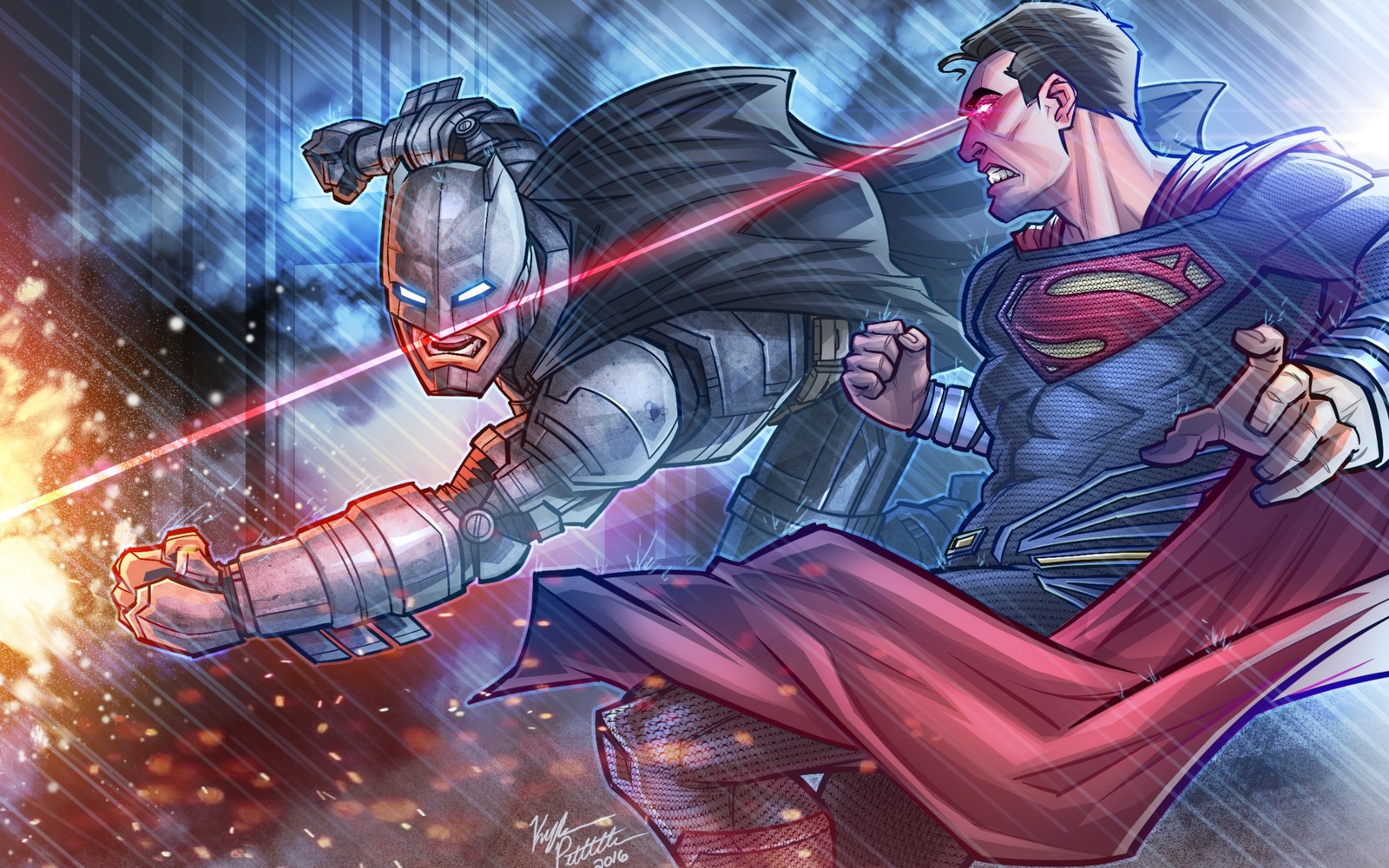 Superman e cy-man lutando na chuva (superman, batman, quadrinhos, dc comics, super herói)