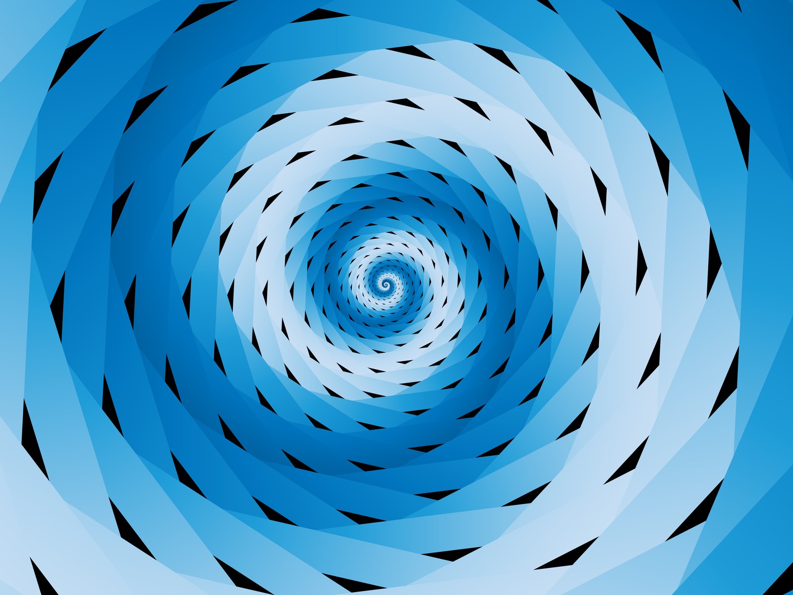 Une spirale bleue avec des cercles noirs et blancs au centre (vortex, art, bleu électrique, bleu, symétrie)