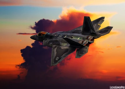 Stealth Fighter Aircraft Soaring Against a Colorful Sunset Sky