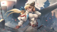 Capitaine anime blonde dans un cadre de flotte navale