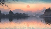 sunset, lake, mountain, scenery, digital art