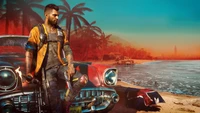 Dani Rojas de Far Cry 6, em pé com confiança ao lado de um carro clássico em uma praia vibrante com palmeiras.