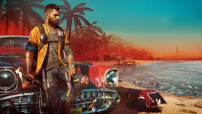 Дани Рохас из Far Cry 6, уверенно стоящий рядом с классическим автомобилем на ярком пляже с пальмами.