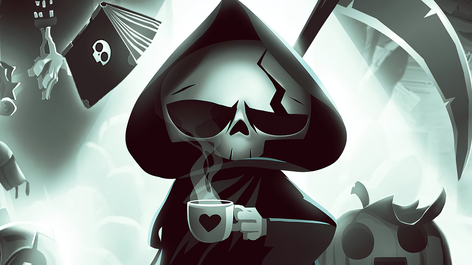 Cartoon grim doll with a cup of coffee in his hand (have a nice death, video game)