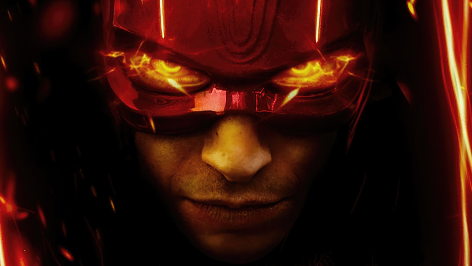 A close up of a man in a red mask with flames on his face (the flash 2023, movie, dc, the flash)