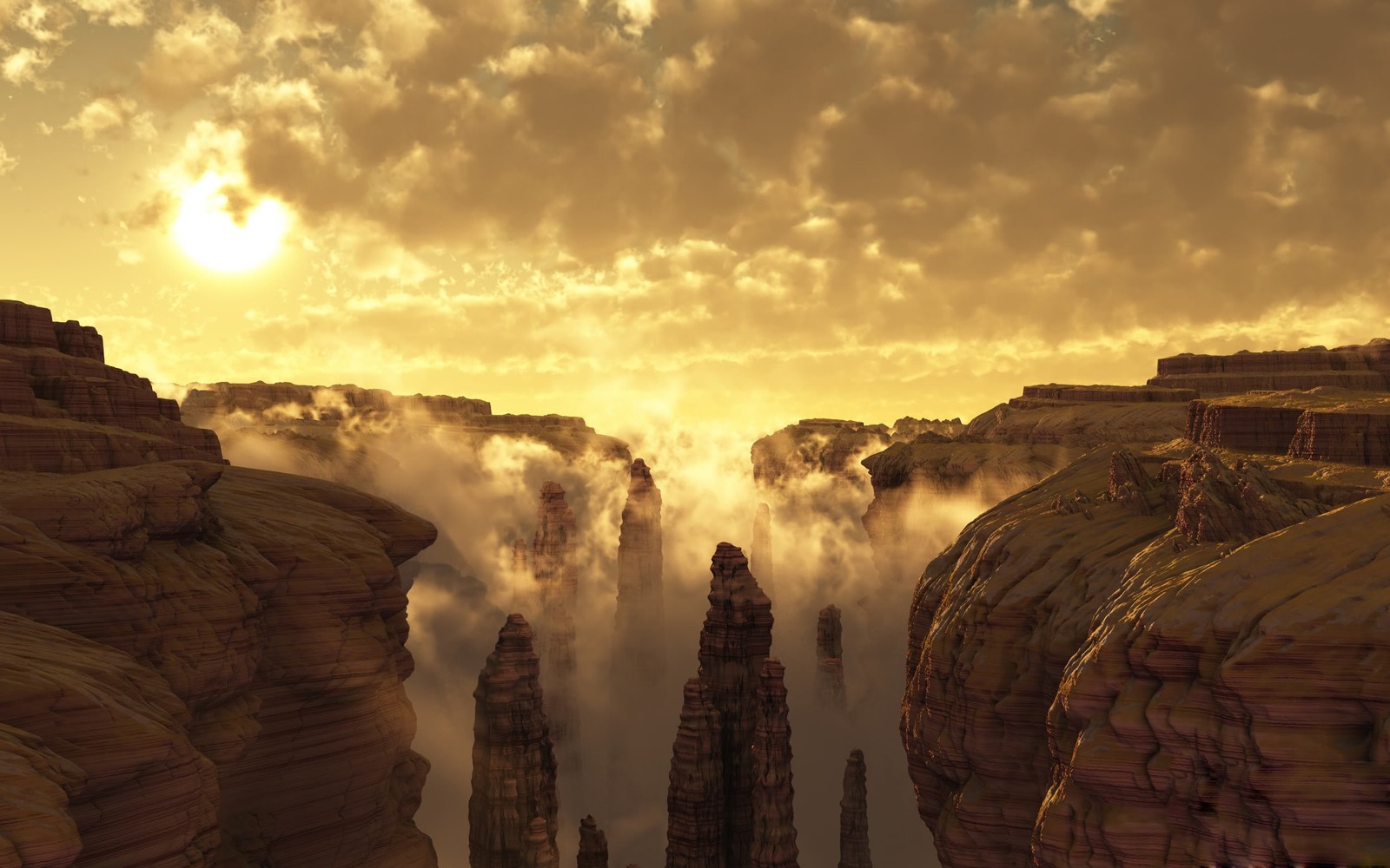 Arafed view of a canyon with a sky and clouds (morning, landscape, formation, sunlight, terrain)