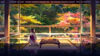 Fille d'anime sereine en kimono au milieu d'un paysage forestier automnal vibrant