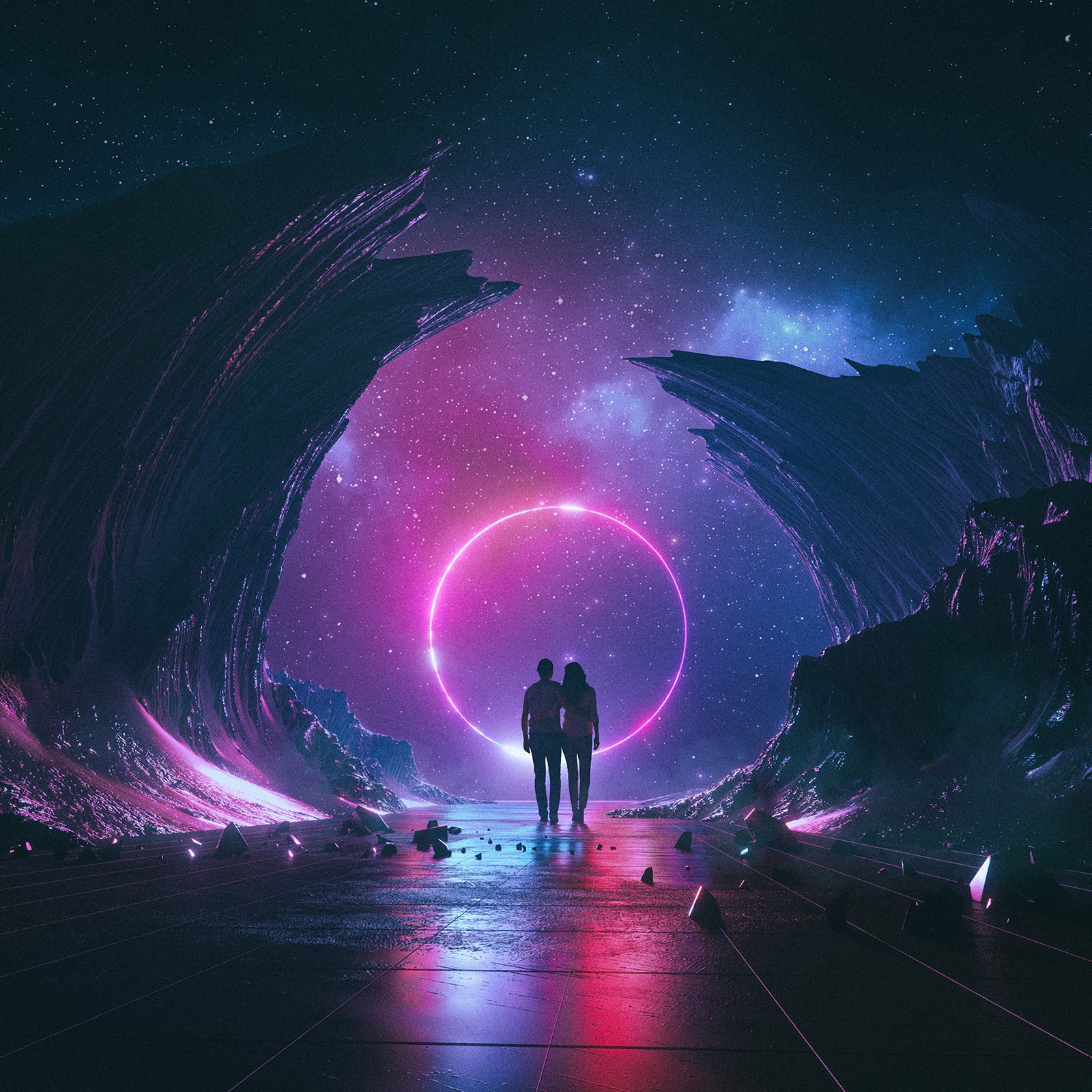 Arafed image of two people standing in a tunnel with a pink and blue light (purple, violet, space, night, sky)