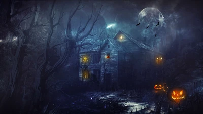 Eerie Midnight Forest: Haunted House Under a Ghostly Moon