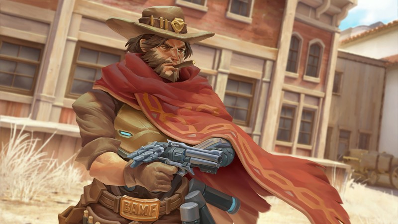 Крупный план игрушечной фигурки мужчины с оружием (маккри, mccree, overwatch, видеоигра)