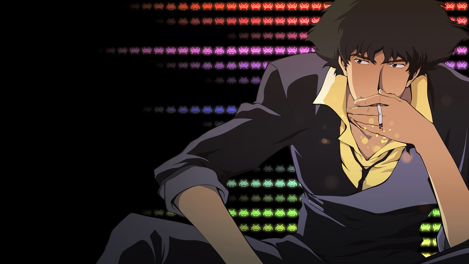 Ein mann in anzug raucht eine zigarette vor einer wand (spike spiegel, cowboy bebop, anime)