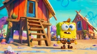 SpongeBob Schwammkopf vor bunten Hütten in einer lebhaften Unterwasserumgebung aus "Der SpongeBob Schwammkopf Film: Sponge on the Run".