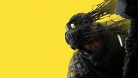 Sledge from Tom Clancy's Rainbow Six Extraction in a dynamic pose against a bright yellow background.