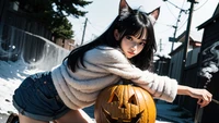 Garota de anime com abóbora de Halloween