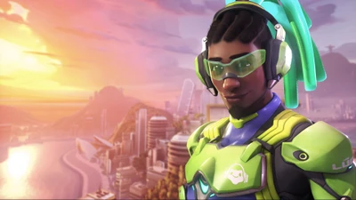 Lucio in Overwatch 2 gegen eine Sonnenuntergang-Stadtlandschaft