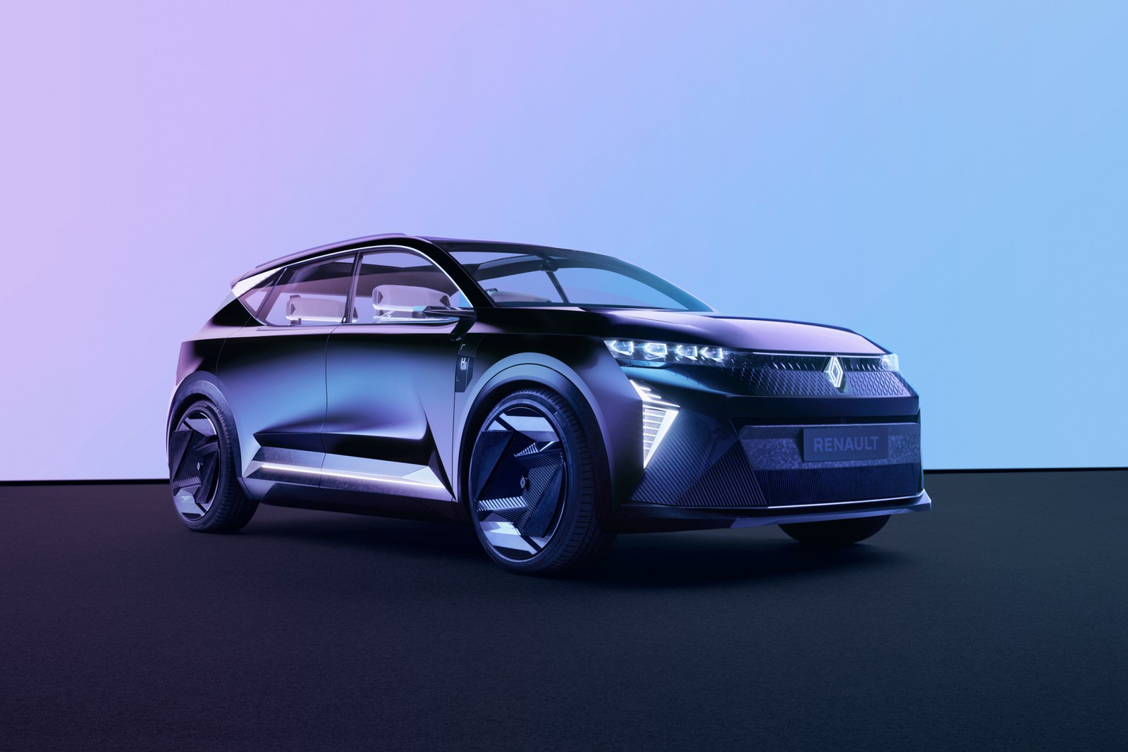 Une voiture noire avec un fond bleu et violet (renault scénic vision, voitures conceptuelles, 2022, 5k, 8k)