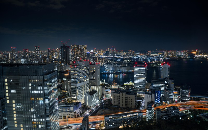 Космический снимок города ночью с множеством огней (токио, tokyo, городской пейзаж, городская территория, город)