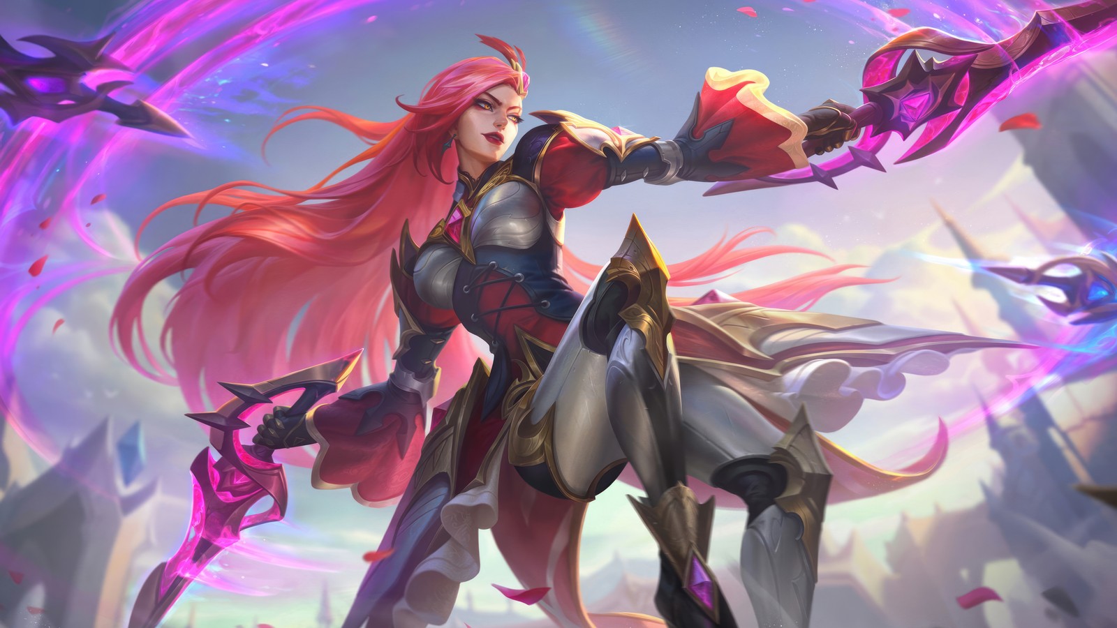 Uma mulher em armadura segurando uma espada na mão (katarina, rainha da batalha, rubi, croma, chroma)