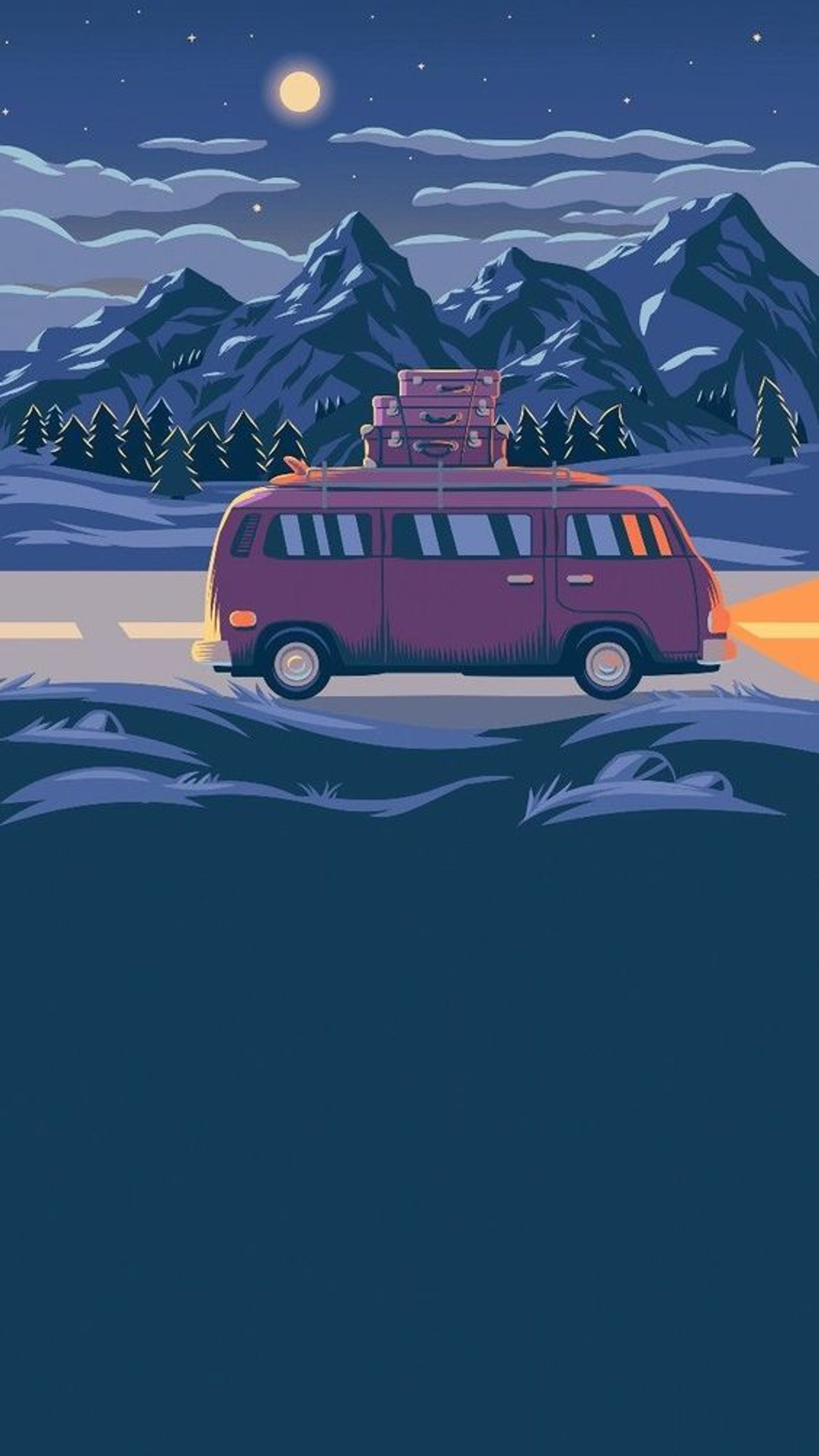 A red van with luggage on top drives through the mountains (illustration, vector graphics, graphics, graphic design, art)