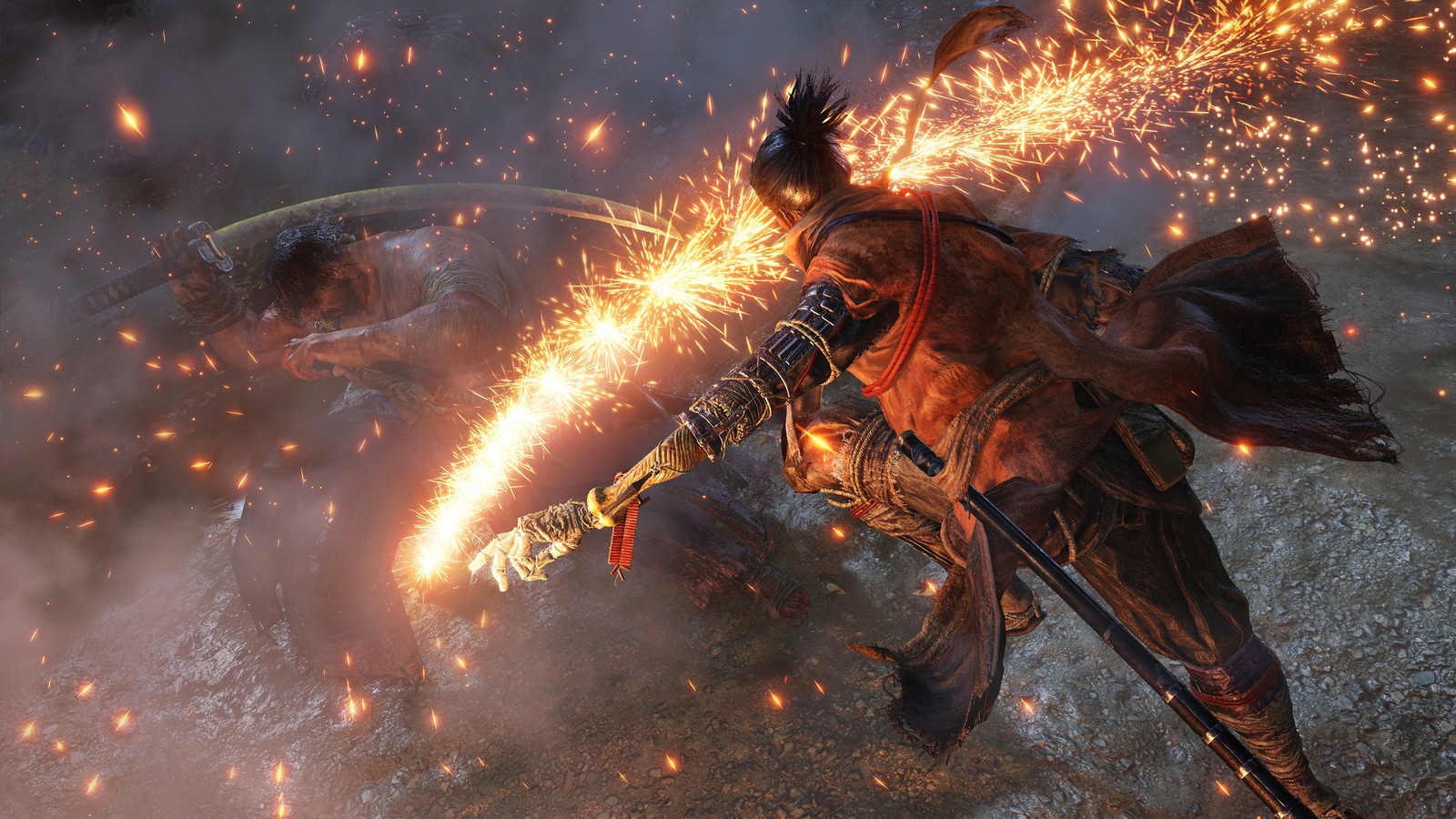 Ein mann in rüstung hält ein schwert und feuer auf einem feld (sekiro shadows die twice, videospiel)