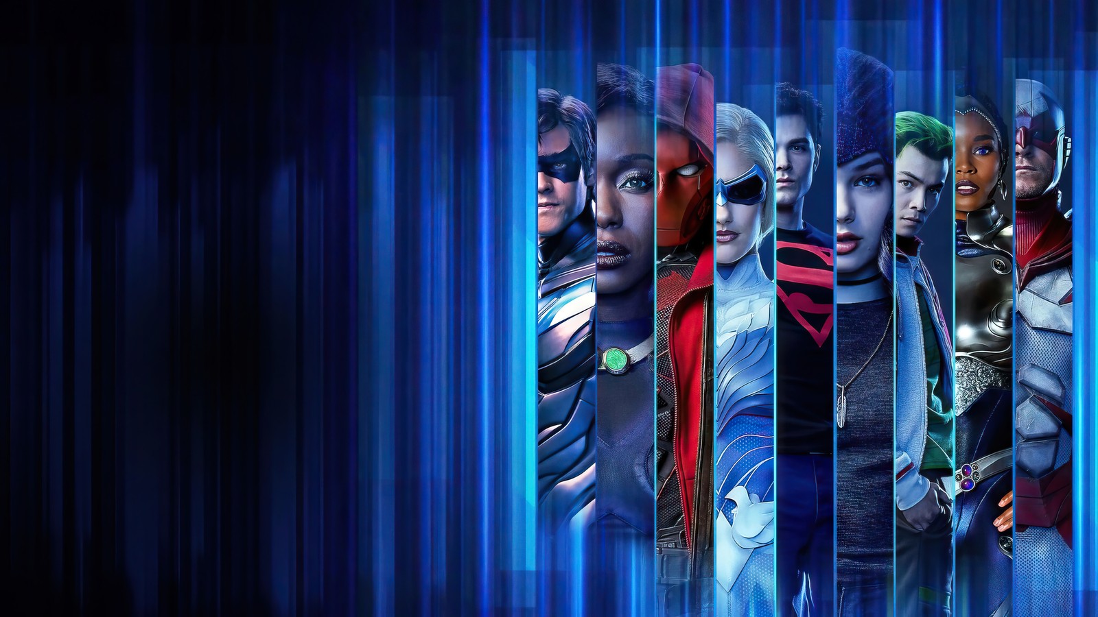 Un grupo de mujeres de pie frente a una cortina azul (titans series, series de televisión, temporada 4, season 4)