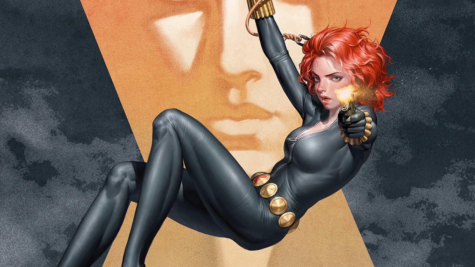 Primer plano de una mujer en un traje negro sosteniendo una pistola (viuda negra, black widow, marvel comics, cómics)