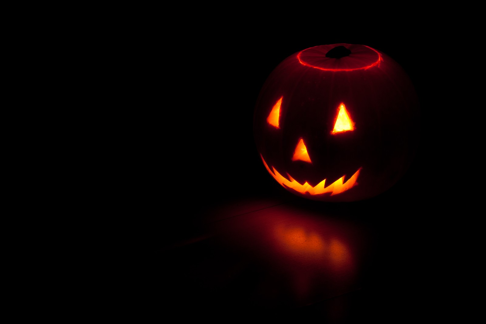 A close up of a lit up halloween pumpkin in the dark (pumpkin, calabaza, orange, lighting, plant)