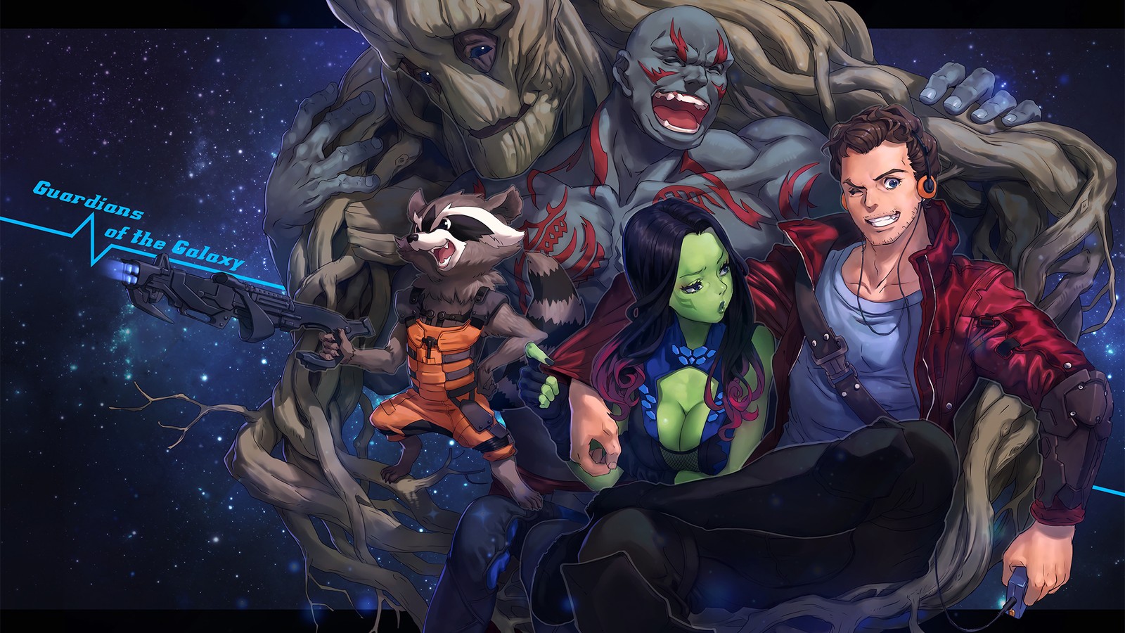 Os guardiões da galáxia (guardiões da galáxia, star lord, gamora, drax, rocket raccoon)