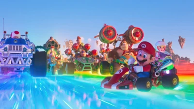 Exciting Race Scene from The Super Mario Bros Movie (2023) Featuring Mario and Friends