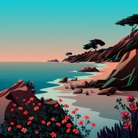 Tropical Landscape with Vibrant Flowers and Serene Waters