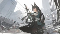 Hoshimi Miyabi in Action Amidst a Futuristic Cityscape in Zenless Zone Zero