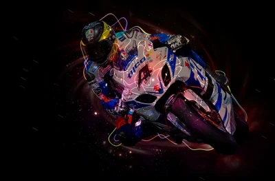 Dynamic Motorcycle Racing Illustration with Fractal Art Elements