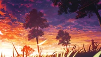 Sereno atardecer de anime sobre árboles silueteados