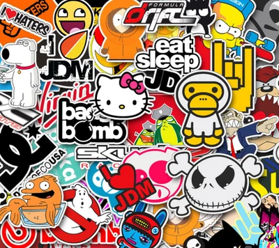 Colorful sticker collage featuring cartoon characters, JDM logos, and playful designs.