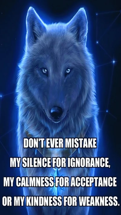 A striking wolf illuminated against a mystical backdrop, conveying strength and wisdom with a powerful quote about silence, calmness, and kindness.