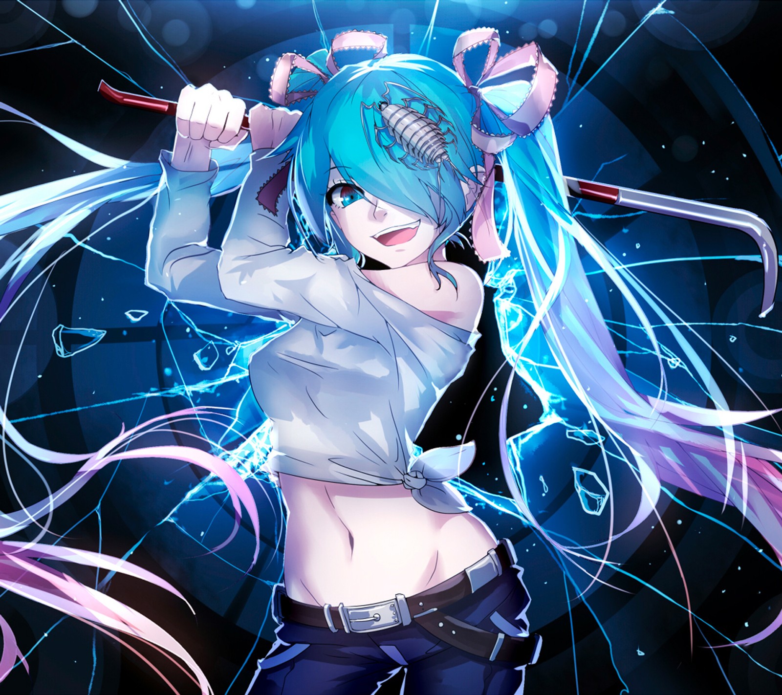 Chica de anime con cabello azul y ojos azules sosteniendo una espada (niñas de anime, ojos azules, miku hatsune, vocaloid)