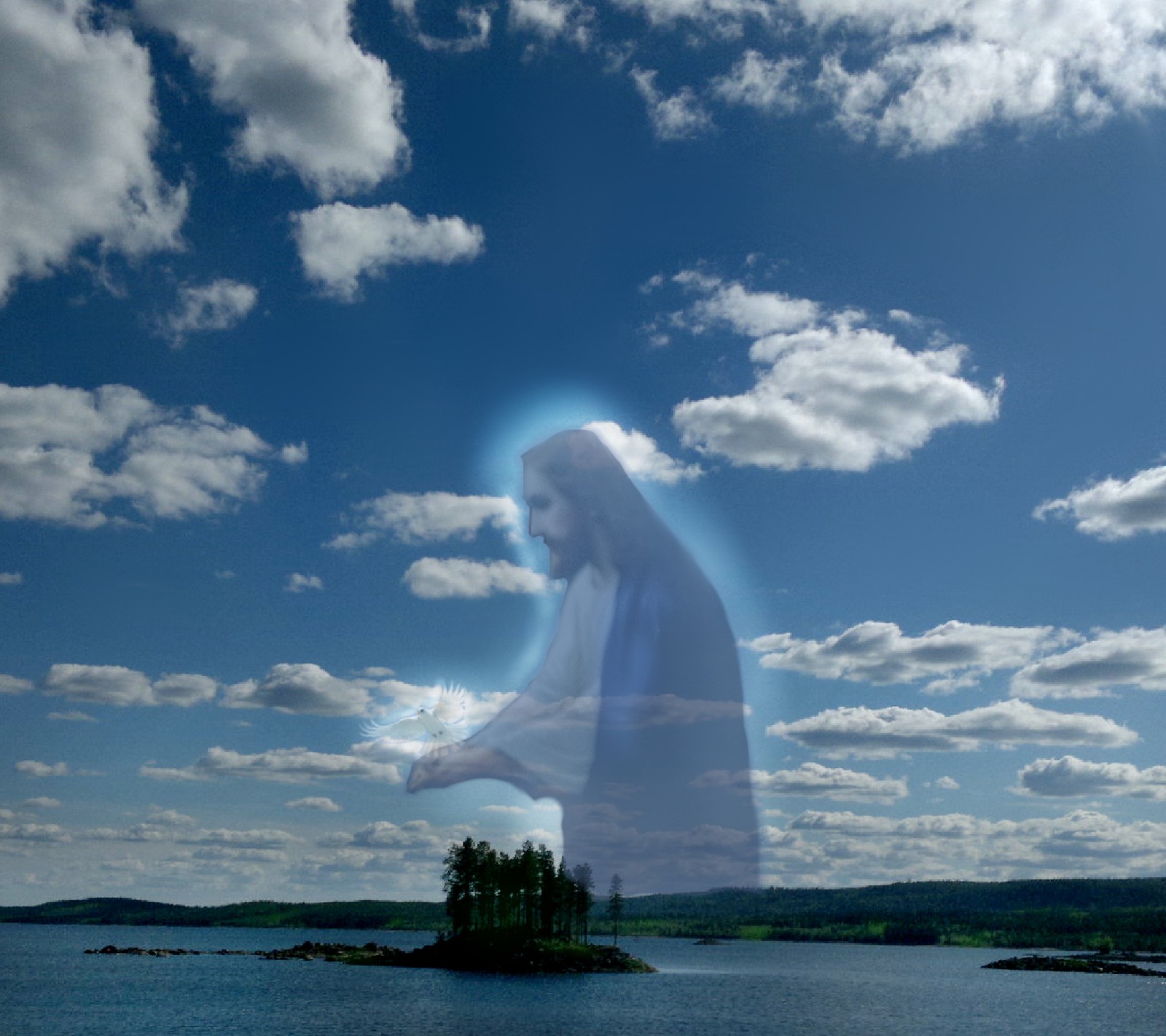 Arafed image of a person standing on a small island in the middle of a lake (clouds, design, nature, spring)