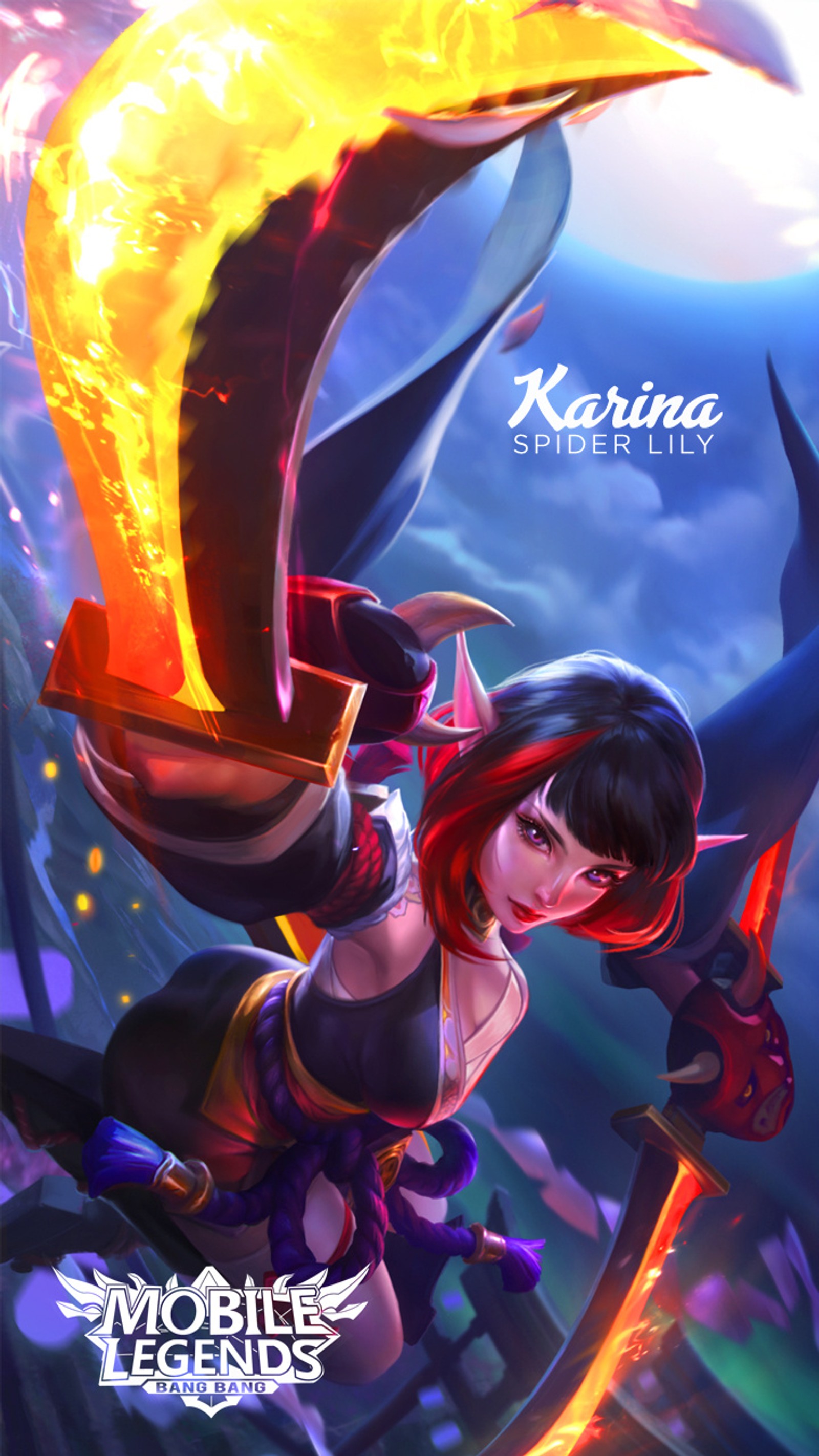 Femme avec une épée et du feu dans la main (karina, mobile legends)