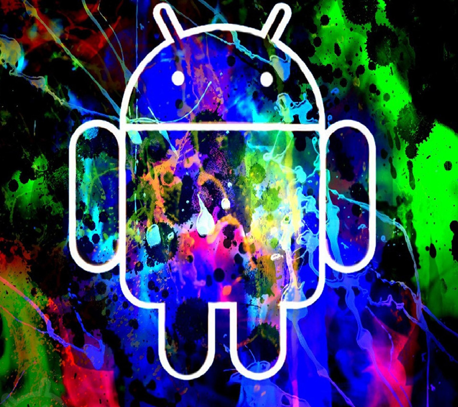 Um close de um logotipo de android colorido em neon em um fundo preto (hd, samsung galaxy s4, papel de parede)