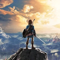 Link gazes over the vast, serene landscape of Hyrule, sword in hand, as the sun sets on an epic adventure in "Breath of the Wild.