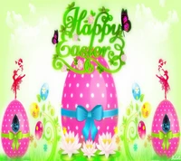 Colorful Easter eggs adorned with bows and butterflies, surrounded by flowers and a cheerful "Happy Easter" message.