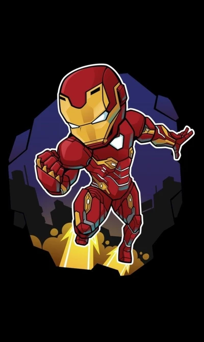 Cartoon Iron Man Soaring into Battle