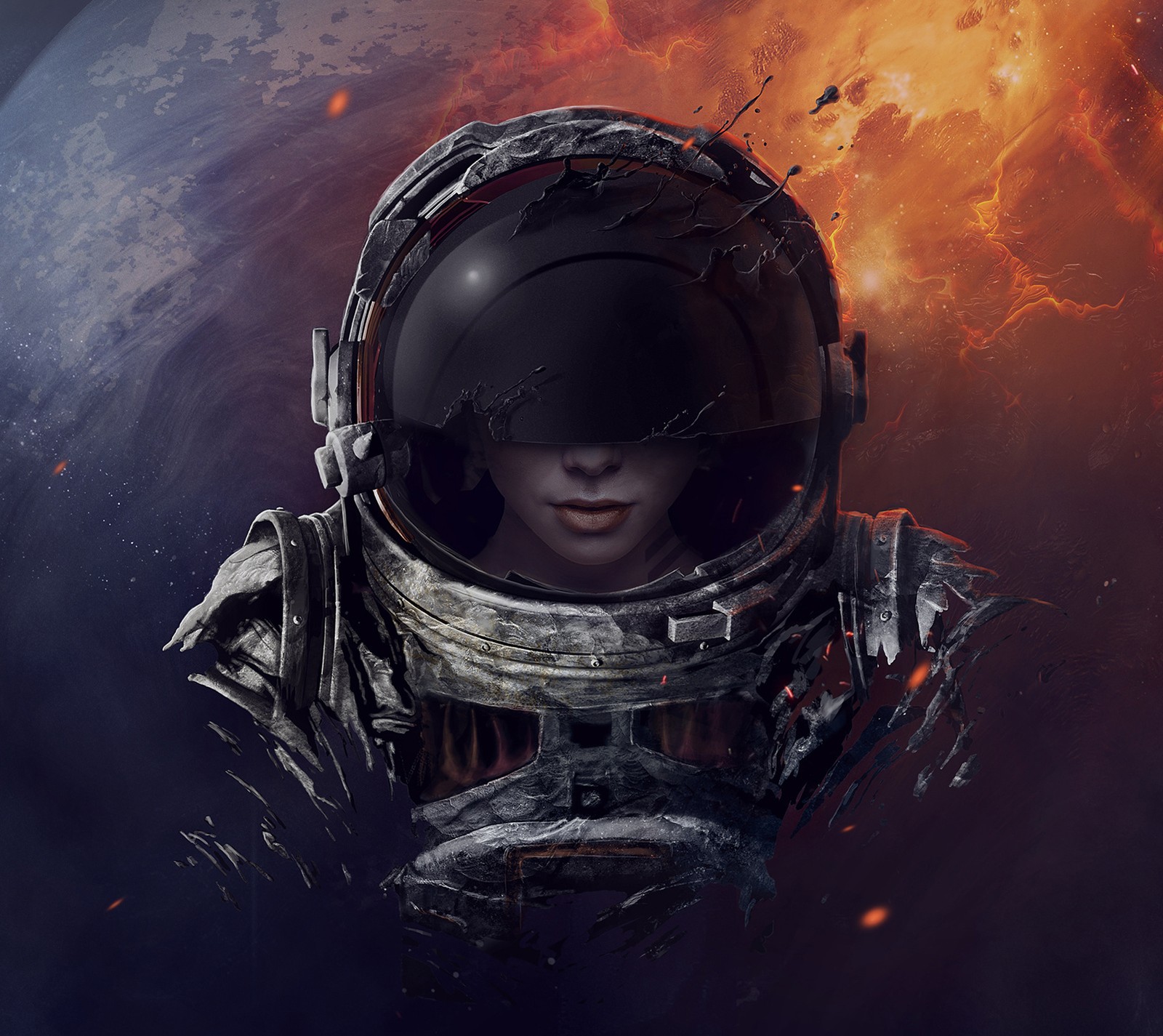 A close up of a person in a space suit with a fire in the background (asd, girl, space)