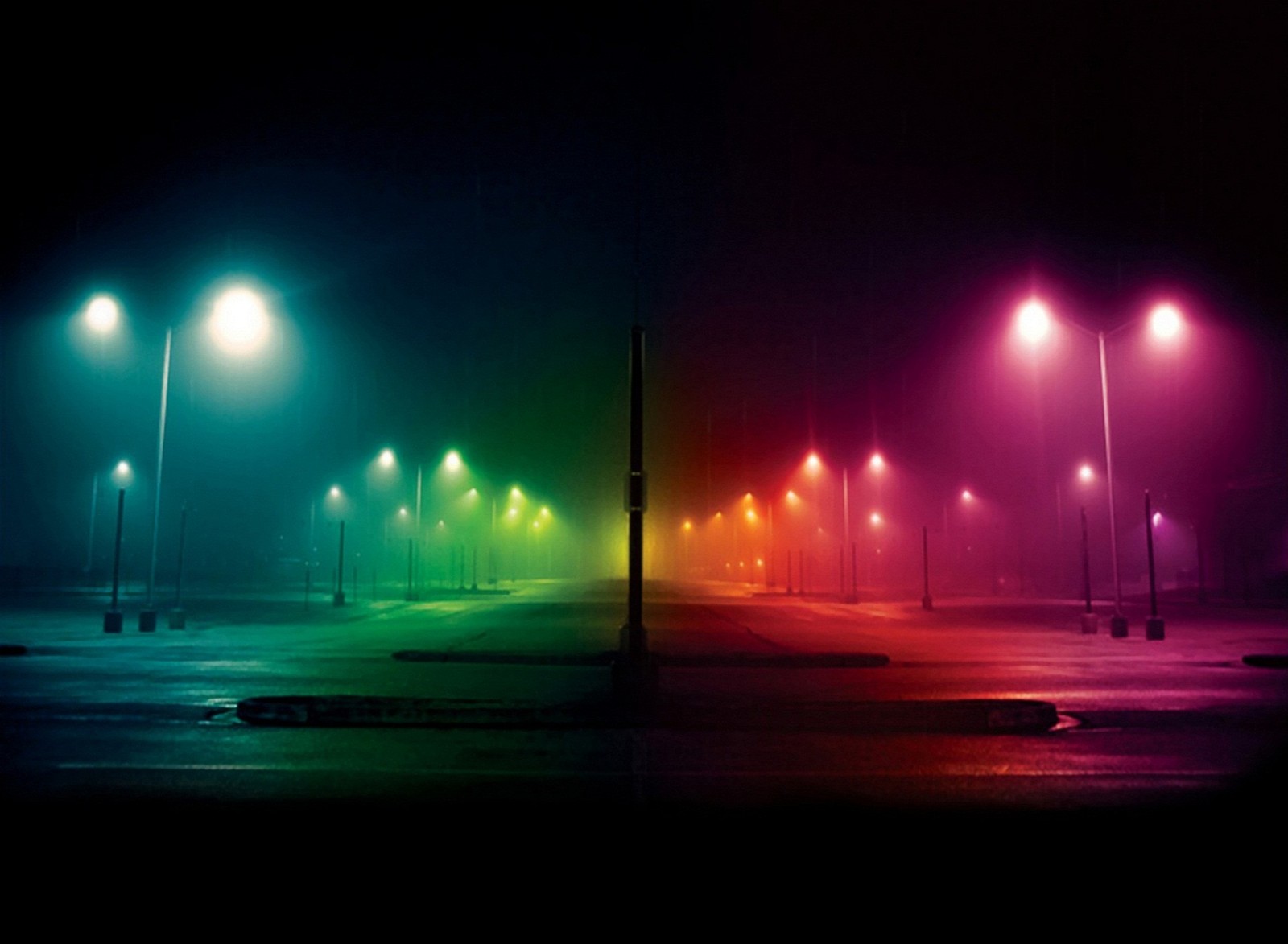 A brightly lit street lights illuminate a dark street (art, color, light, nice)