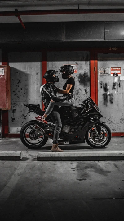 Dark Love: Biker Couple Embracing on a Motorcycle