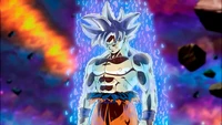 Goku na forma de Ultra Instinto cercado por energia cósmica