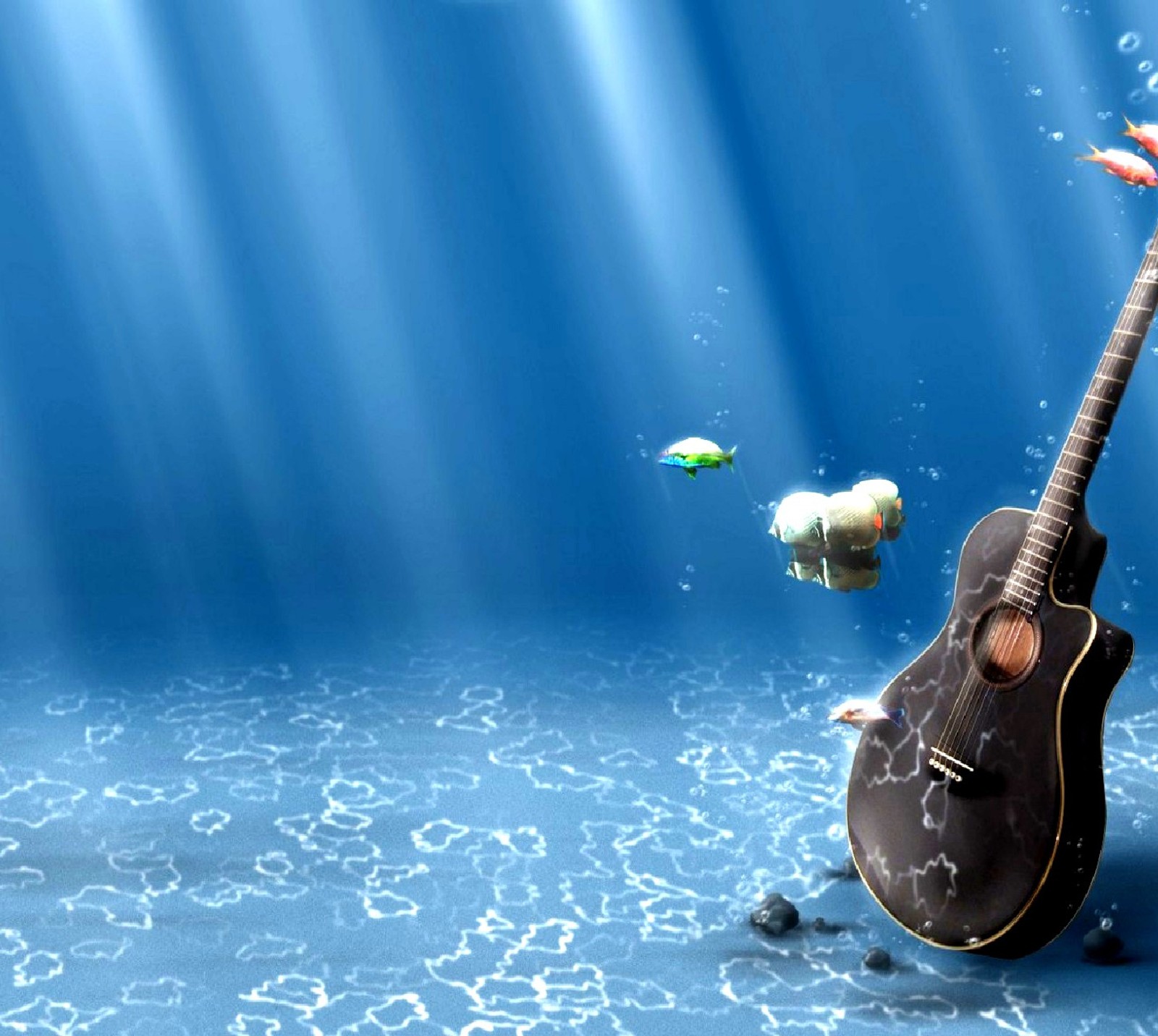 Il y a une guitare et un poisson dans l'eau avec des bulles (guitare)