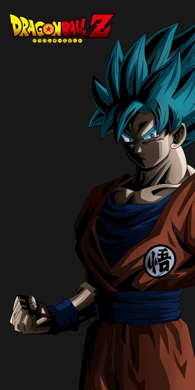 Goku in Super Saiyan Blue form, poised and ready for battle, against a dark background.