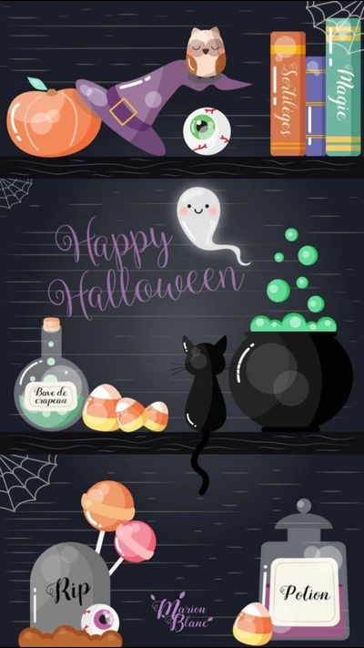 Scène d'Halloween de dessin animé mignonne avec un chat noir, un fantôme et des éléments magiques